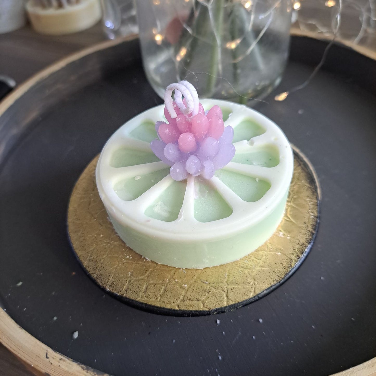 Purple & Pink Cactus soy candle on lime slice