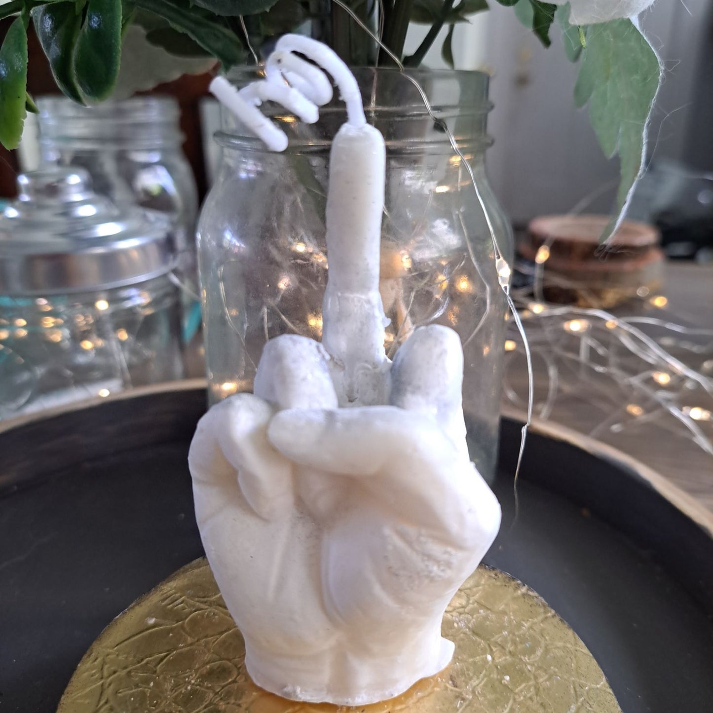 Glitter and white middle finger soy candle