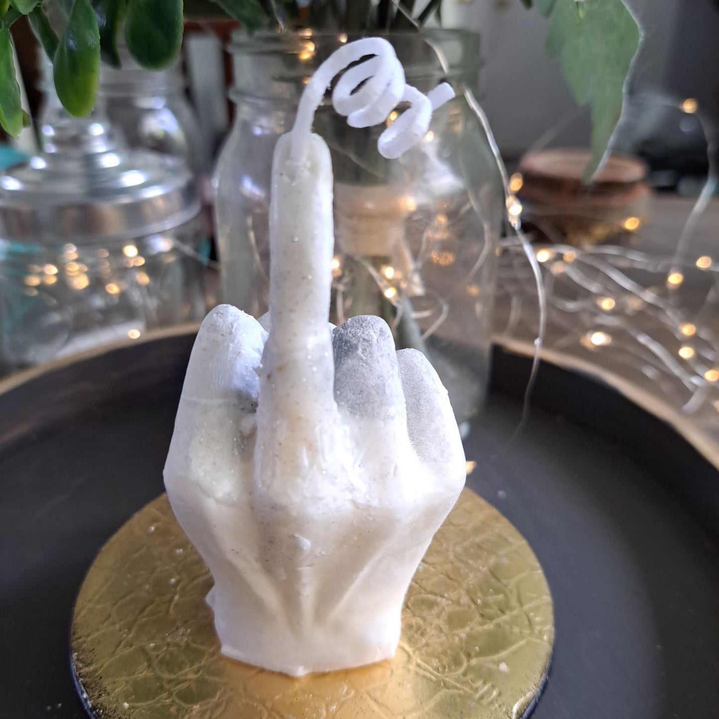 Glitter and white middle finger soy candle