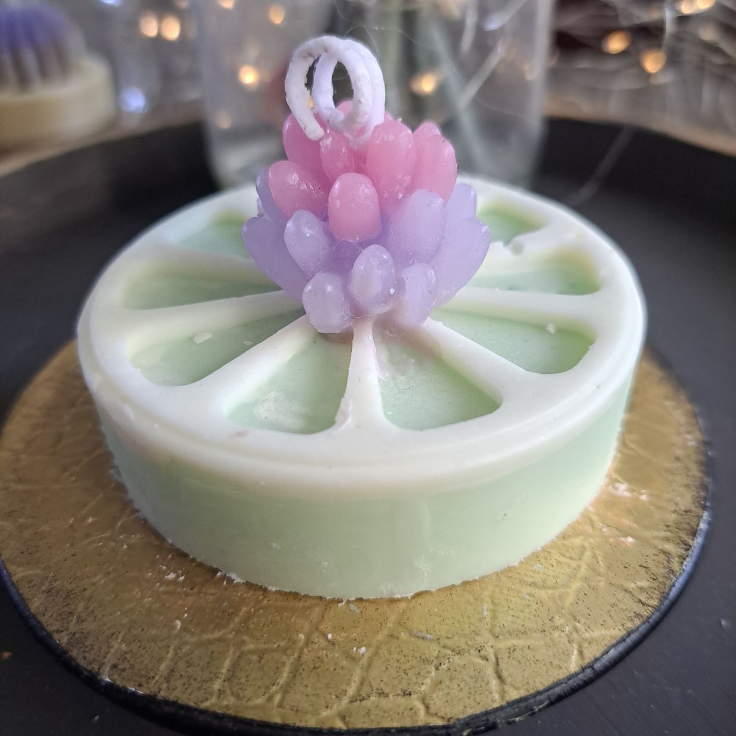 Purple & Pink Cactus soy candle on lime slice